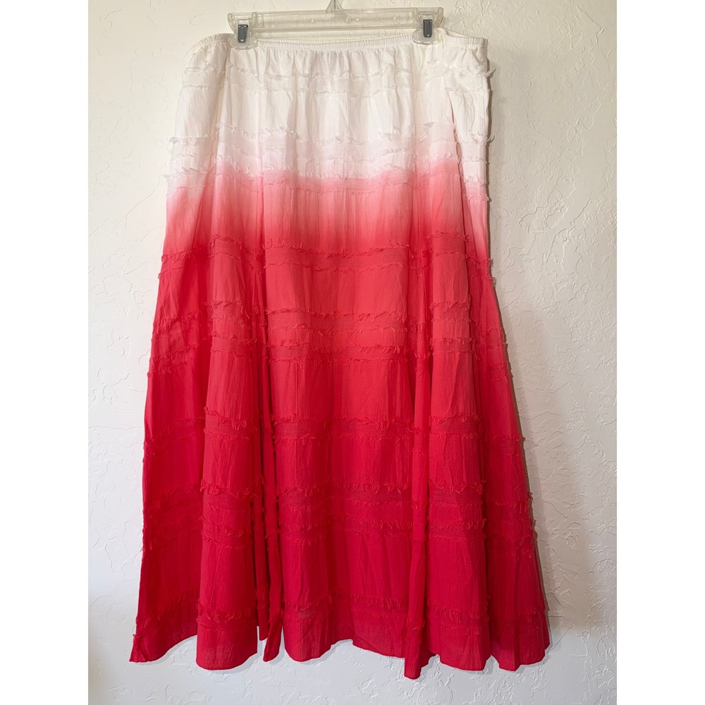 Ruby Rd Woman 20W Cotton Ombre Maxi Skirt Tiered Boho Coral White Plus Size